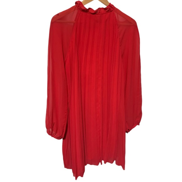 ASOS Red Chiffon Pleated Trapeze Dress w. Ruffle Neckline & Tie - Size 10 - Picture 4 of 16